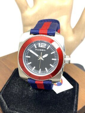 Fossil Men's Watch WB1042 Quartz Black Dial Red Blue Nylon Strap 38mm